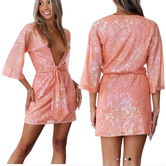 Hello Molly Shimmering Sequin Plunging Neckline Sexy Fade Dress In Orange XL - Picture 3 of 15